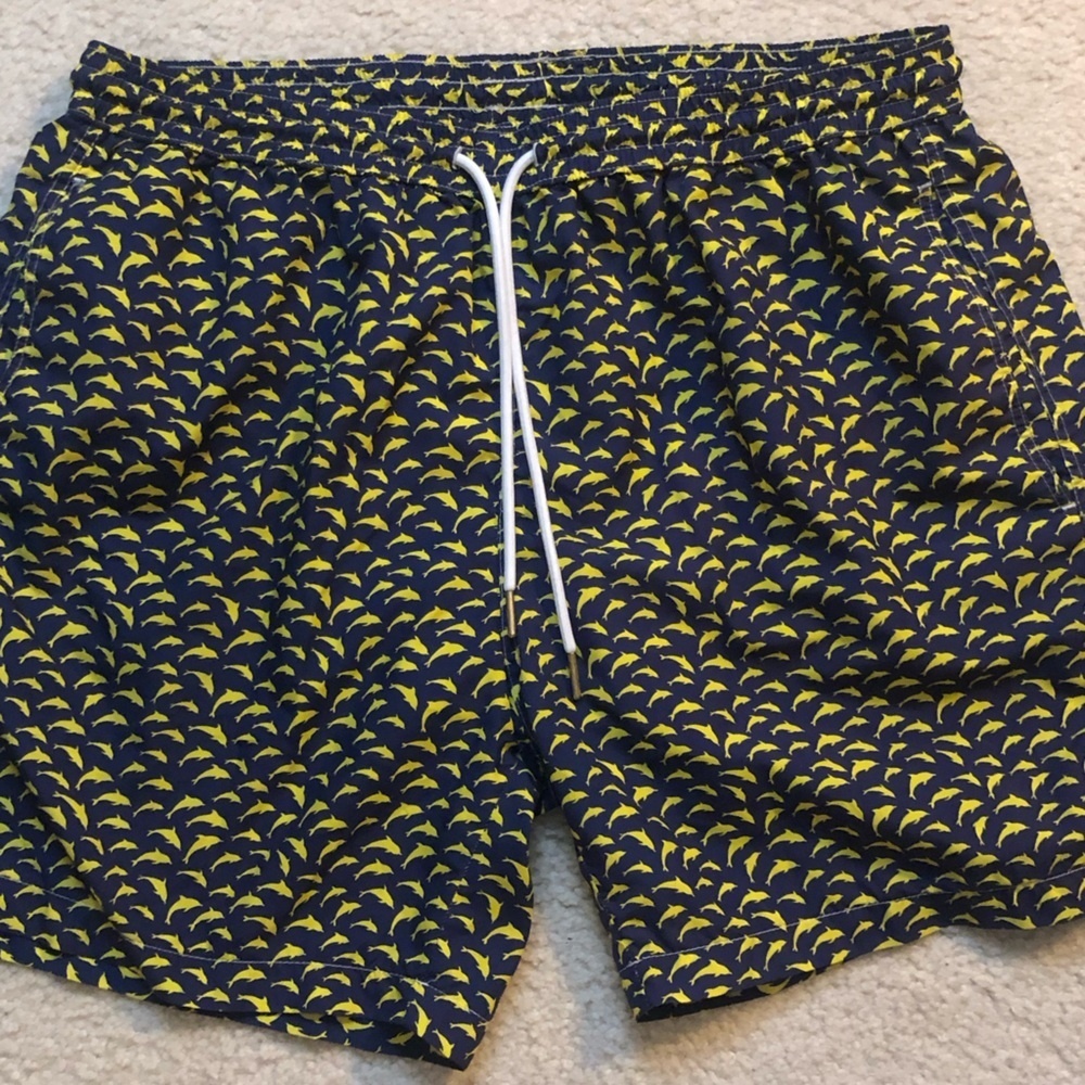 Navy Blue Yellow Dolphin Print Swim Trunks Mens Medium Beach Shorts